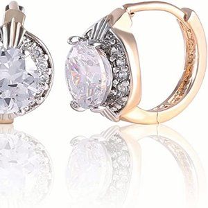 Gold Tone Oval White Crystal Lovely Royal Gorgeous Hoop Earrings